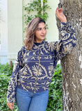 Suzani Hand Embroidered Short Bomber Jacket Navy Taupe