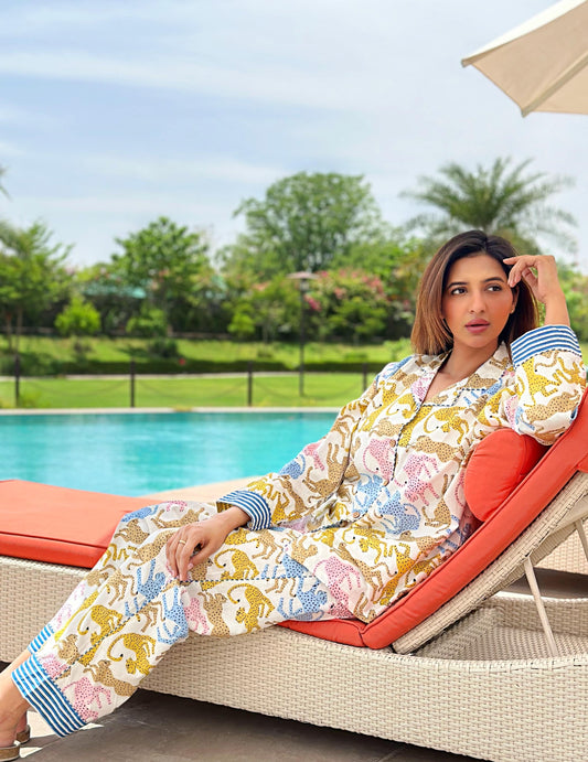 Luxury Hand Printed Indian Blockprint Pure High Quality Cotton With White blue stripe cheetah