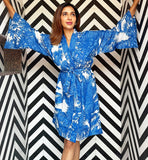 Pure Cotton Handprinted White Blue Jungle  Knee Length