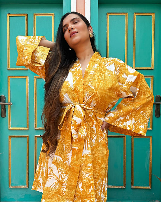 Pure Cotton Handprinted  Yellow white Knee Length