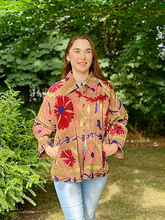 Suzani Hand Embroidered Short Jacket Soft Brown Hue