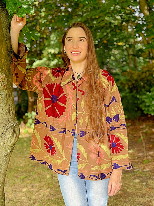 Suzani Hand Embroidered Short Jacket Soft Brown Hue