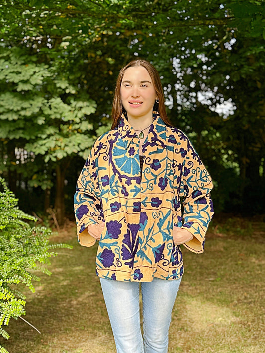 Suzani Hand Embroidered Short Jacket Quirky Cafe Beige Blue Hue Leaf