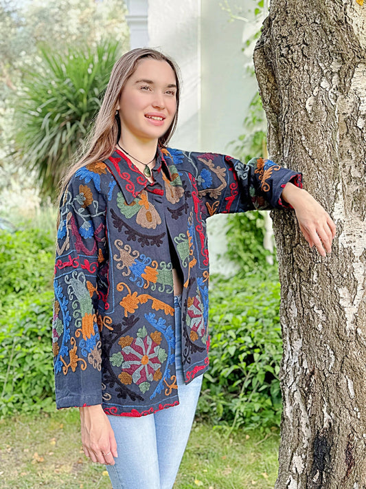 Suzani Hand Embroidered Short Jacket Quirky Black Muted Hues