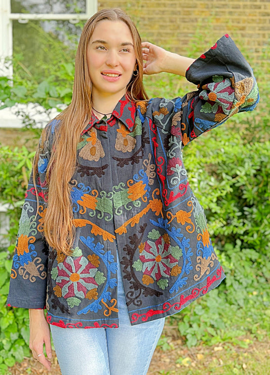 Suzani Hand Embroidered Short Jacket Quirky Black Muted Hues