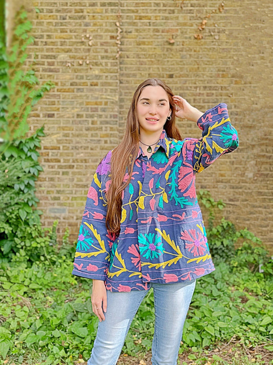 Suzani Hand Embroidered Short Jacket Quirky Blue Peach Aqua Yellow Festival
