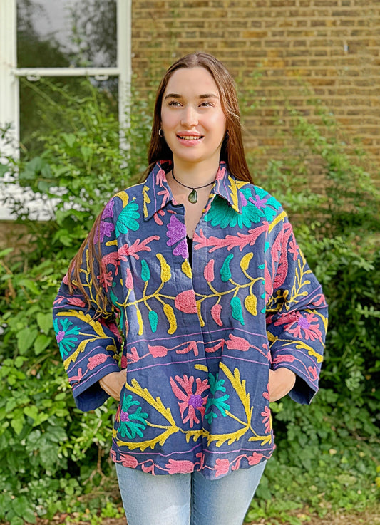 Suzani Hand Embroidered Short Jacket Quirky Blue Peach Aqua Yellow Festival