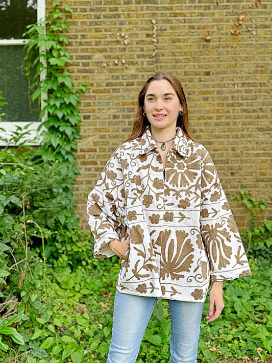 Suzani Hand Embroidered Short Jacket Classic Elegant White Sand Beige