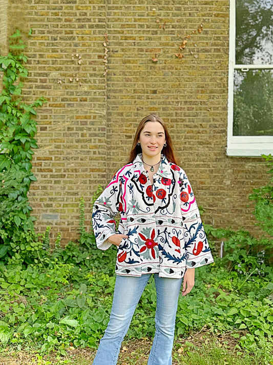 Suzani Hand Embroidered Short Jacket Classic White Wine Teal Pomegranate