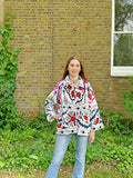 Suzani Hand Embroidered Short Jacket Classic White Wine Teal Pomegranate