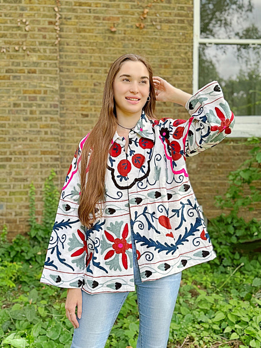 Suzani Hand Embroidered Short Jacket Classic White Wine Teal Pomegranate