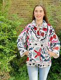 Suzani Hand Embroidered Short Jacket Classic White Wine Teal Pomegranate