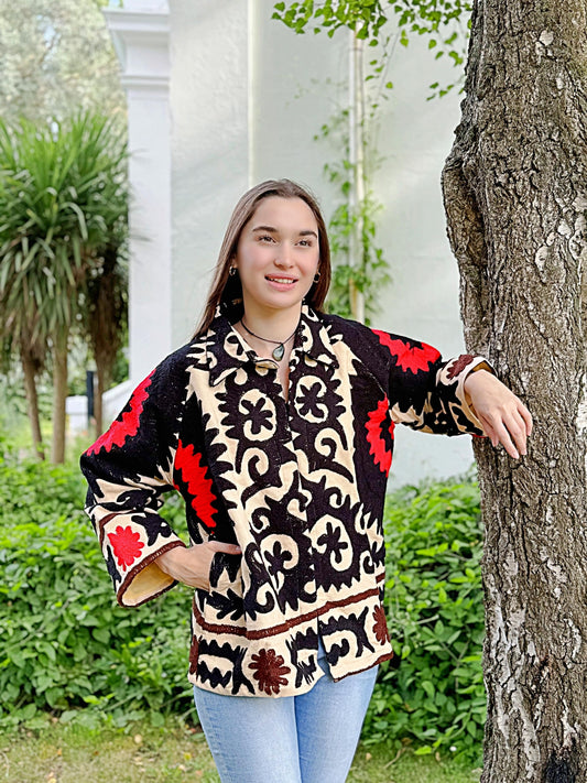 Suzani Hand Embroidered Short Jacket Classic Elegant Beige Black Red