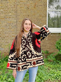 Suzani Hand Embroidered Short Jacket Classic Elegant Beige Black Red