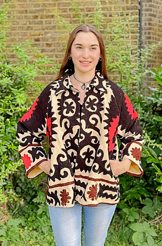 Suzani Hand Embroidered Short Jacket Classic Elegant Beige Black Red