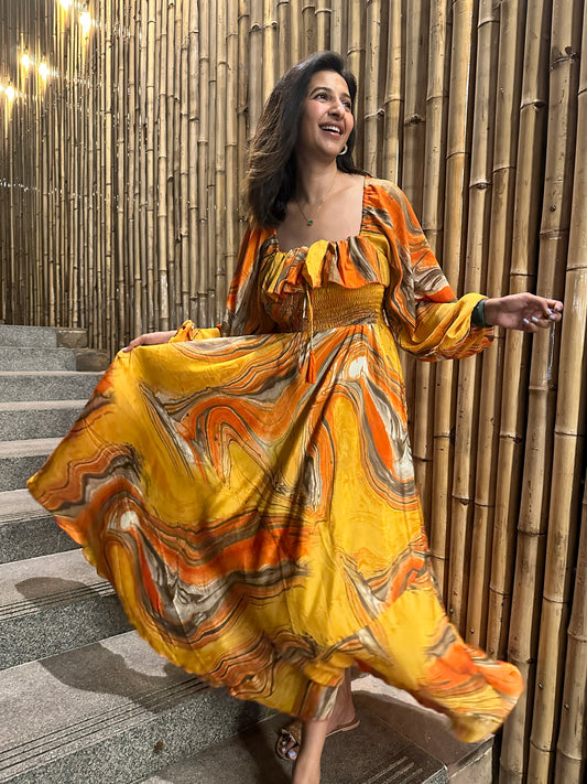 Maxi Yellow Silky Blend Bohemian Flowy Dress Colourful Summer Wedding High Tea Daywear Beach Casual Girly Chic Boho Travel Holiday