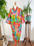 Pure Cotton Indian Block printed House Robe Summer Kimono | Floral Beach Coverup/Comfy Maternity Mom | Orange Burst Green Abstract Graffiti