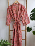 Pure Cotton Kimono in Peach Red Marigold Botanical Bloom