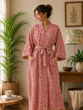 Pure Cotton Kimono in Peach Red Marigold Botanical Bloom