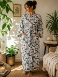 Pure Cotton Handprinted House Robe Tropical Kimono - Pastel White Olive Green Pink Bloom Lotus Beach Coverup/Comfy Maternity