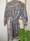 Pure Cotton Kimono Knee Length-Turquoise Ecstasy Garden