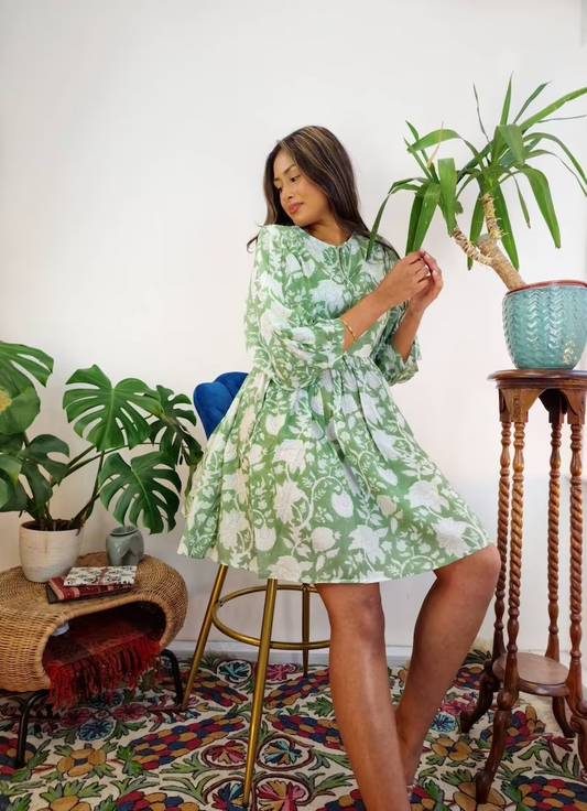 Pure Cotton Dress Indian Block Print Colour Summer Elegant Daywear Beach Outfit Soft Desert Tan Light Green White Floral Earthy Spring Dream
