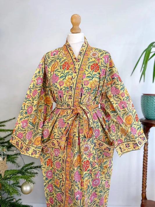 Pure Cotton Block printed Spring Soft Yellow Pink Orange