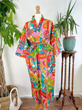 Pure Cotton Indian Block printed House Robe Summer Kimono | Floral Beach Coverup/Comfy Maternity Mom | Orange Burst Green Abstract Graffiti