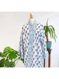 Pure Cotton Handprinted House Robe | Autumn Winter Christmas Vibe Kimono | Floral Coverup/Comfy Maternity Mom | White Blue Paisley