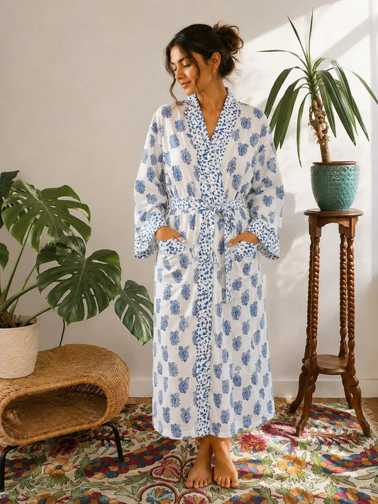 Pure Cotton Handprinted House Robe | Autumn Winter Christmas Vibe Kimono | Floral Coverup/Comfy Maternity Mom | White Blue Paisley