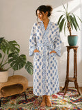 Pure Cotton Handprinted House Robe | Autumn Winter Christmas Vibe Kimono | Floral Coverup/Comfy Maternity Mom | White Blue Paisley