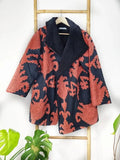 Suzani-Embroidered Fur Jacket with Wooden Buttons Classic Black Peach Orange Ikat