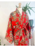 Pure Cotton Indian Blockprint House Robe Summer Dressing Kimono Gown Coverup/Comfy Maternity Royal Red Leopard Jungle Giraffe Animal Party