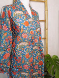 Pure Cotton Kimono Knee Length-Turquoise Ecstasy Garden