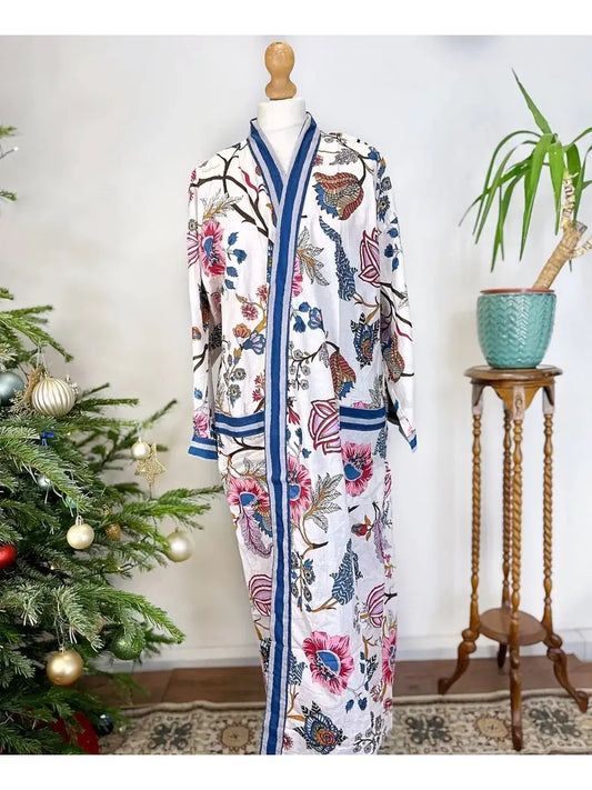 Pure Cotton Block printed White Paradise Spring Exotic Lovers Stripe