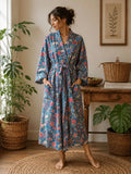 Pure Cotton Kimono Knee Length-Turquoise Ecstasy Garden