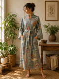Pure Cotton Indian Block-print House Dressing Robe Kimono | Floral Beach Coverup/Comfy Maternity Mom | Tribal Quirky Summer Pastel Grey
