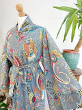 Pure Cotton Indian Block-print House Dressing Robe Kimono | Floral Beach Coverup/Comfy Maternity Mom | Tribal Quirky Summer Pastel Grey