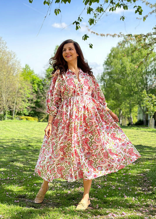 Elegant Block print Midi Dress stitched to be your next comfy dress this Summer in Beige Red Spring Dream Love