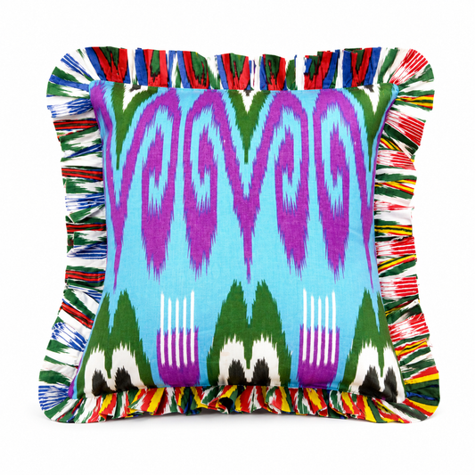 Cotton Cushion Cover :sky  blue purple green  rainbow Ikat print