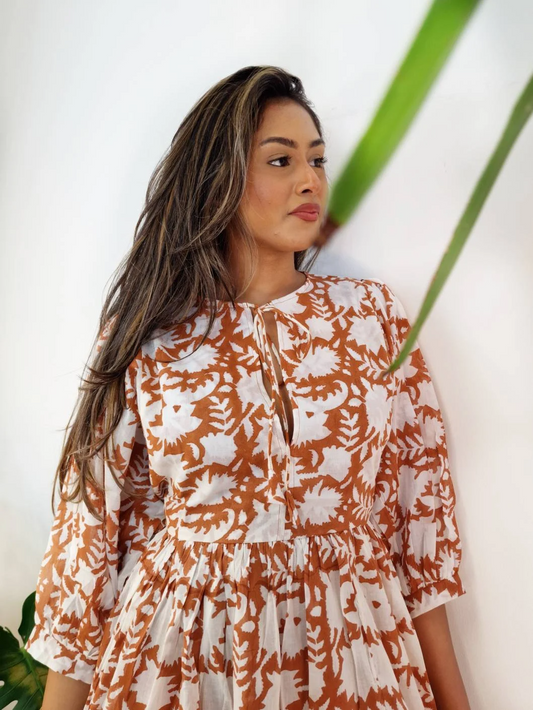 Pure Cotton Dress Indian Block Print Colour Summer Elegant Daywear Beach Outfit Soft Desert Tan Brown White Floral Earthy Spring Dream
