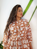 Pure Cotton Dress Indian Block Print Colour Summer Elegant Daywear Beach Outfit Soft Desert Tan Brown White Floral Earthy Spring Dream
