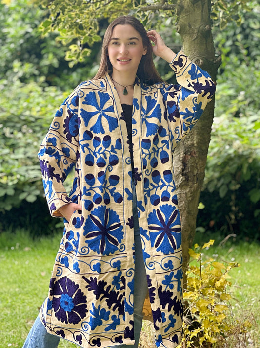 Suzani Hand Silk Thread Embroidered long length Kimono Classic Elegant Beige Blue