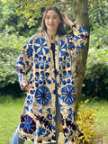 Suzani Hand Silk Thread Embroidered long length Kimono Classic Elegant Beige Blue