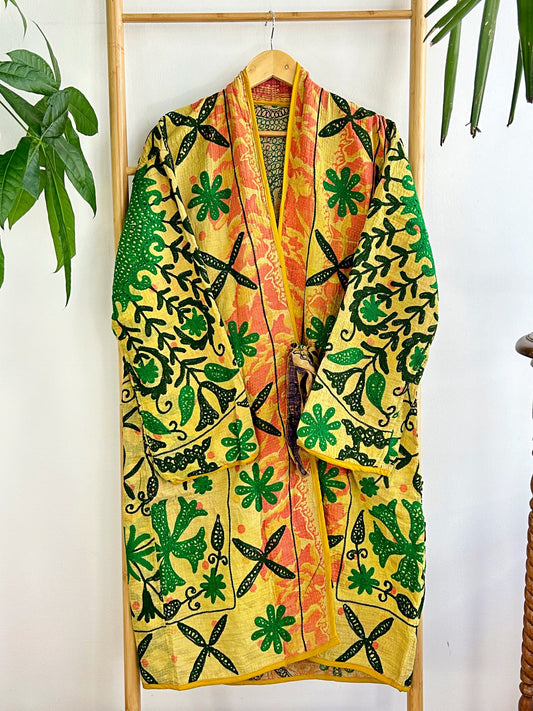 Vintage Suzani Jacket – Artisan Embroidery Meets Timeless Style Banana Yellow, Green, Apricot-Orange