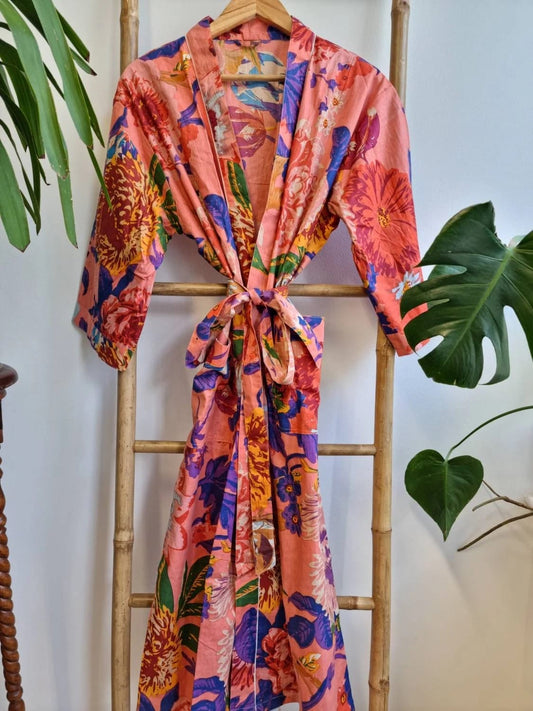 Pure Cotton Block printed Spring Peach Multicolour Botanical Bloom