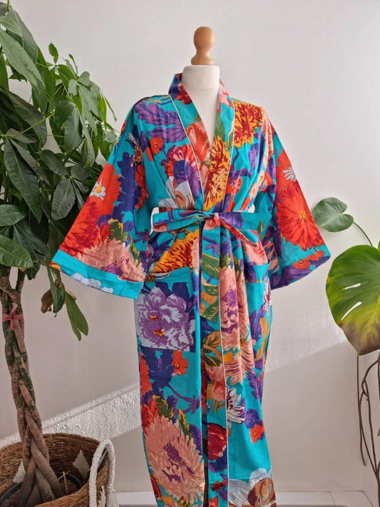 Pure Cotton Block printed Spring Blue Multicolour Botanical Bloom